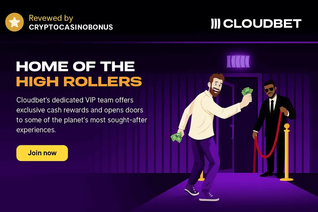 Best Crypto Casinos for 2025 | Top Bitcoin Gambling Sites 18 Screenshot of Cloudbet’s VIP program showcasing exclusive rewards for crypto high rollers, featuring a red carpet entrance scene with a security guard and player holding cash, marked with a "Reviewed by CryptoCasinoBonus" badge.